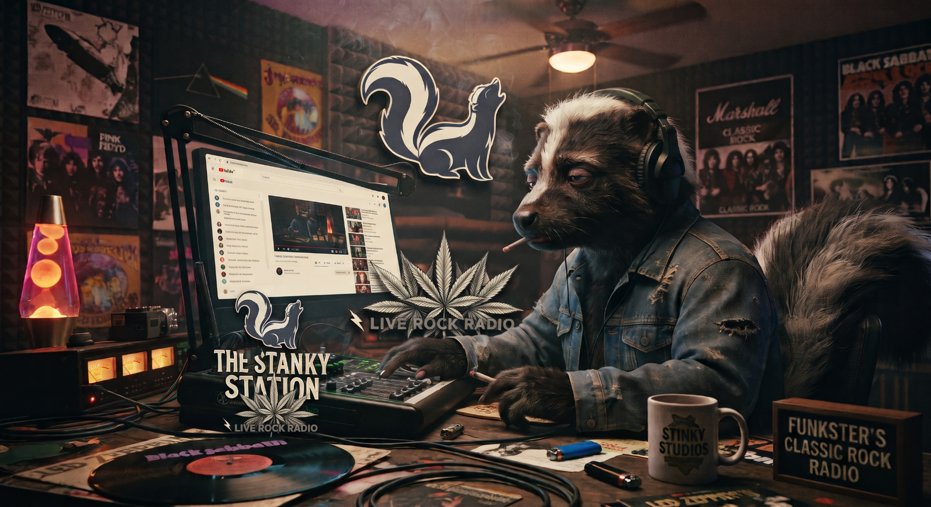 DJ Funkster the Skunk at the mixing desk in his studio